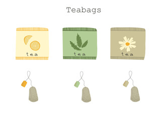 Teabags with different flavour lemon mint and camomile