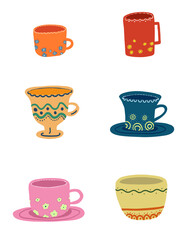 Set of bright tea cups hand drawn style