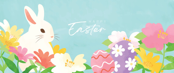 Happy Easter watercolor element background vector. Hand painted cute white rabbit, easter eggs and blooming spring flowers. Collection of adorable doodle design for decorative, card, kids, banner.