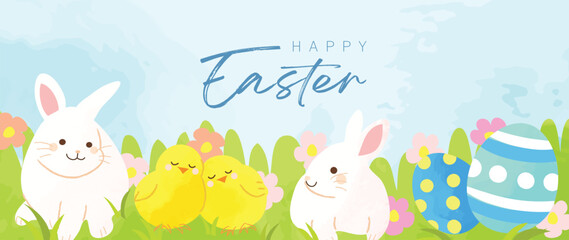 Happy Easter watercolor element background vector. Hand painted cute white rabbit, easter eggs, chicks, grass, flowers, garden. Collection of adorable doodle design for decorative, card, kids, banner.