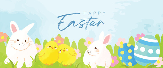 Obraz premium Happy Easter watercolor element background vector. Hand painted cute white rabbit, easter eggs, chicks, grass, flowers, garden. Collection of adorable doodle design for decorative, card, kids, banner.