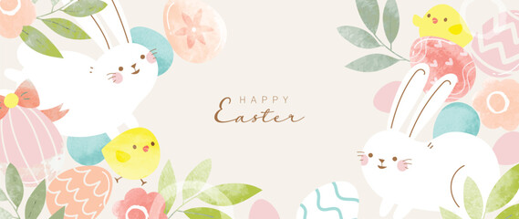 Fototapeta Happy Easter watercolor element background vector. Hand painted cute white rabbit, easter eggs, chicks, flowers, leaf branch. Collection of adorable doodle design for decorative, card, kids, banner. obraz