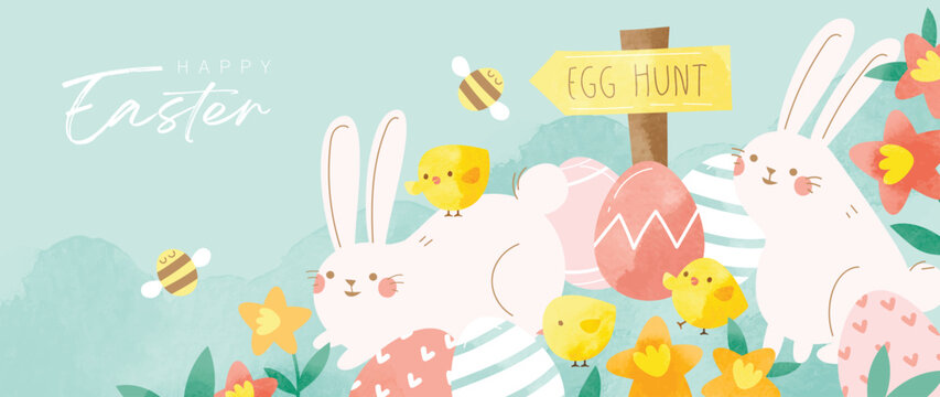 Happy Easter watercolor element background vector. Hand painted cute white rabbit, easter eggs, chicks, flowers, honey bees. Collection of adorable doodle design for decorative, card, kids, banner.