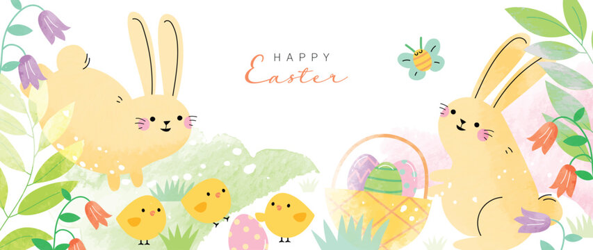 Happy Easter watercolor element background vector. Hand painted cute rabbits, easter eggs, chicks, flowers, basket, butterfly. Collection of adorable doodle design for decorative, card, kids, banner.