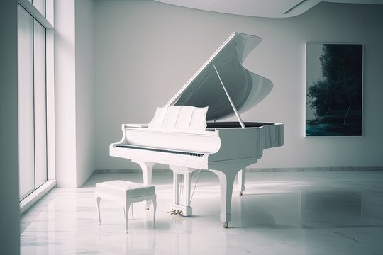 A grand piano painted white against a white wall. the music must be played. Generative AI