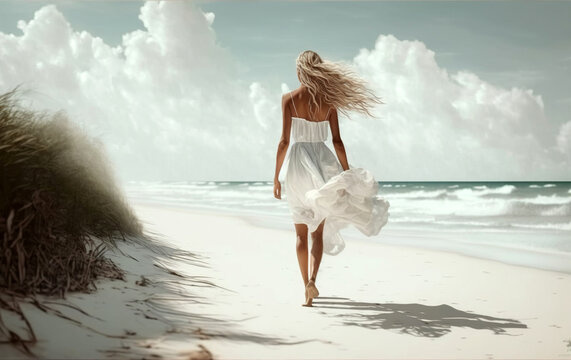 A blonde woman with flying hair walking away on a beach. Generative AI
