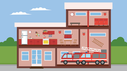 Fototapeta premium Vector illustration of a fire station with firetruck and fire truck