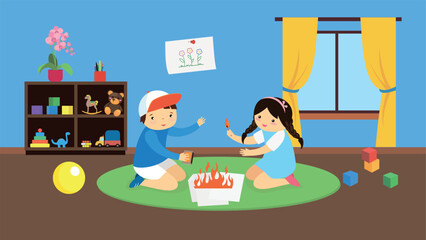 Children made a bonfire at home. Vector illustration in flat style.