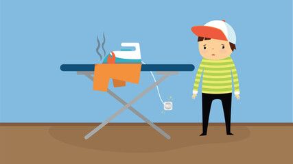 boy ironing clothes on the ironing board. vector illustration in flat style