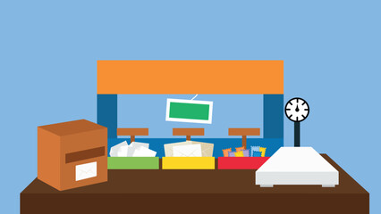 Vector illustration of a shop or store with a counter, a cash register, a cash register, a box of goods and a scale.