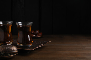 Concept of traditional turkish brewed hot drink, turkish tea, space for text