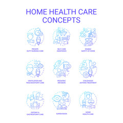 Home health care blue gradient concept icons set. Medical services providers. Nursing and assistance idea thin line color illustrations. Isolated symbols. Roboto-Medium, Myriad Pro-Bold fonts used