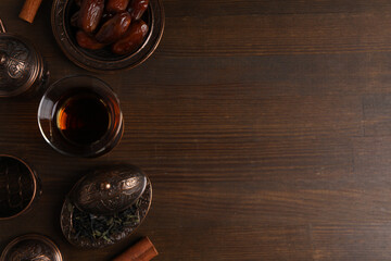 Concept of traditional turkish brewed hot drink, turkish tea, space for text