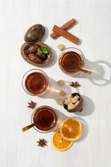 Concept of traditional turkish brewed hot drink, turkish tea, top view