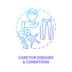 Care for diseases and conditions blue gradient concept icon. Healthcare. Private duty nursing care abstract idea thin line illustration. Isolated outline drawing. Myriad Pro-Bold font used