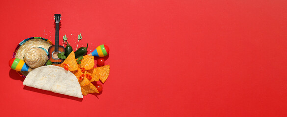 Concept of Mexico food, Tortilla and tequila, space for text