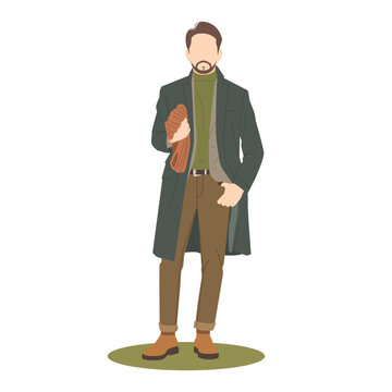 stylish man holding scarf, green coat clip art preview