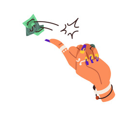Careless spender, irresponsible attitude to money concept. Hand throwing, squandering, splurging, wasting finance. Financial abundance, excess. Flat vector illustration isolated on white background
