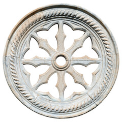 Close-up of an ancient marble rose window isolated on white or transparent background. Portovenere...
