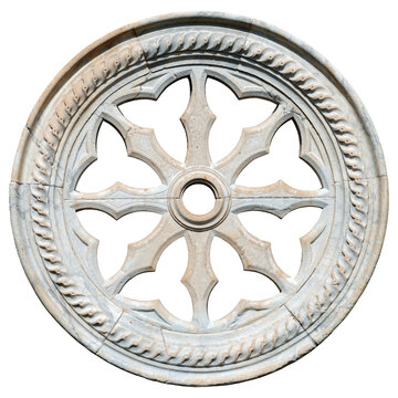Close-up of an ancient marble rose window isolated on white or transparent background. Portovenere or Porto Venere town, UNESCO world heritage site, La Spezia, Liguria, Italy. Europe. Png.