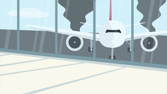 Waiting room in airport terminal with damaged airplane and smoke. Airport scene animation in flat design.