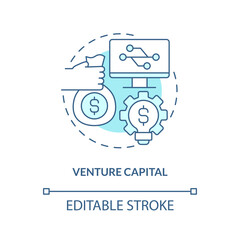 Venture capital turquoise concept icon. Money fund. Tech startup financing option abstract idea thin line illustration. Isolated outline drawing. Editable stroke. Arial, Myriad Pro-Bold fonts used