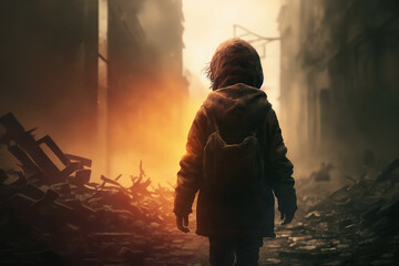 Fototapeta premium lonely child walks down the street of a destroyed bombed city. concept no war. Generative AI