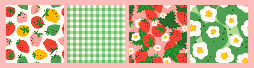 Floral seamless patterns with Strawberry. Vector abstract design for paper, cover, fabric, interior decor and other