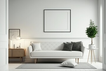 a white wall in a contemporary living room with an empty horizontal picture frame. Create a mockup of a modern, Scandinavian inspired interior. Put up your poster or picture without paying a dime. We