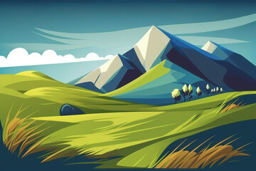 Landscape of grass field with mountain and blue sky in vibrant color, flat design. Generative ai.