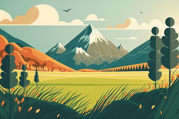 Landscape of grass field with mountain and blue sky in vibrant color, flat design. Generative ai.