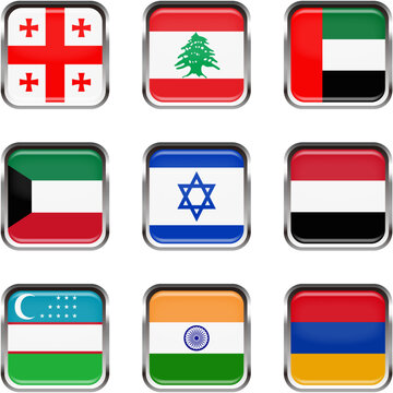 世界の国旗ボタンアイコンセット☆アジア☆グルジア,レバノン,アラブ首長国連邦,クウェート,イスラエル,イエメン,ウズベキスタン,インド,アルメニア
