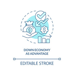 Down economy as advantage turquoise concept icon. IT fundraising tip abstract idea thin line illustration. Isolated outline drawing. Editable stroke. Arial, Myriad Pro-Bold fonts used
