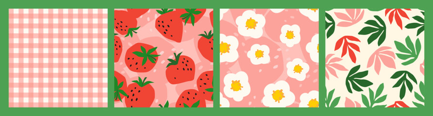 Floral seamless patterns with Strawberry. Vector abstract design for paper, cover, fabric, interior decor and other