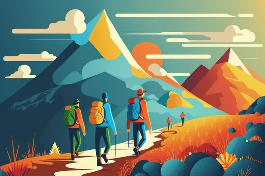 People hiking to wild or mountain, World health day concept, flat design. Generative ai.
