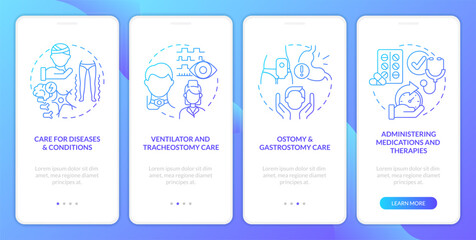 Private duty nursing care blue gradient onboarding mobile app screen. Walkthrough 4 steps graphic instructions with linear concepts. UI, UX, GUI template. Myriad Pro-Bold, Regular fonts used