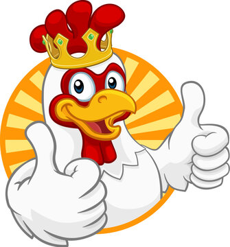 A chicken rooster cockerel bird cartoon character in a kings gold crown giving a thumbs up