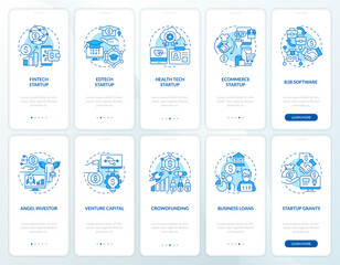 IT startup industries funds blue onboarding mobile app screens set. Walkthrough 5 steps editable graphic instructions with linear concepts. UI, UX, GUI template. Myriad Pro-Bold, Regular fonts used - obrazy, fototapety, plakaty