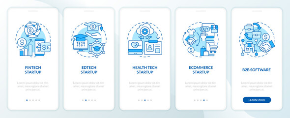 Fototapeta na wymiar Best startup industries blue onboarding mobile app screen. IT funding walkthrough 5 steps editable graphic instructions with linear concepts. UI, UX, GUI template. Myriad Pro-Bold, Regular fonts used