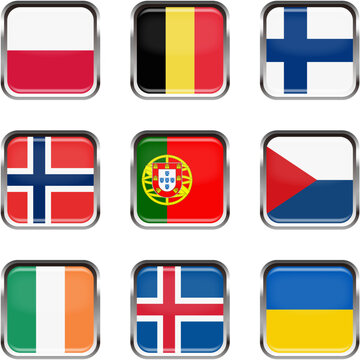 世界の国旗ボタンアイコンセット☆ヨーロッパ☆ポーランド,ベルギー,フィンランド,ノルウェー,ポルトガル,チェコ,アイルランド,アイスランド,ウクライナ