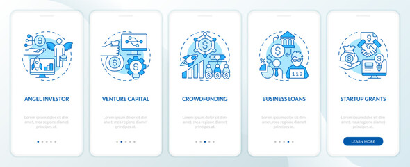 Tech startup financing options blue onboarding mobile app screen. IT walkthrough 5 steps editable graphic instructions with linear concepts. UI, UX, GUI template. Myriad Pro-Bold, Regular fonts used