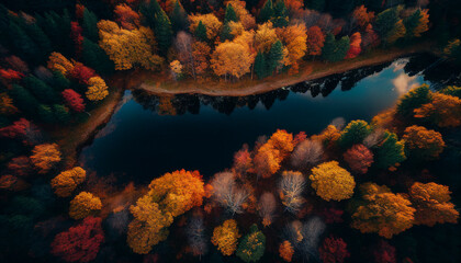 Fototapeta premium Generative Ai. Aerial over forest Fall colors and lake