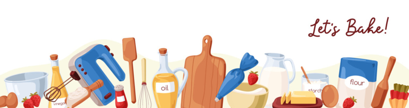 Baking ingredients, kitchen tools, cooking stuff border. Bakery items, bakers banner, culinary web wide background design with flour, sugar, oil, butter, utensils, mixer. Flat vector illustration