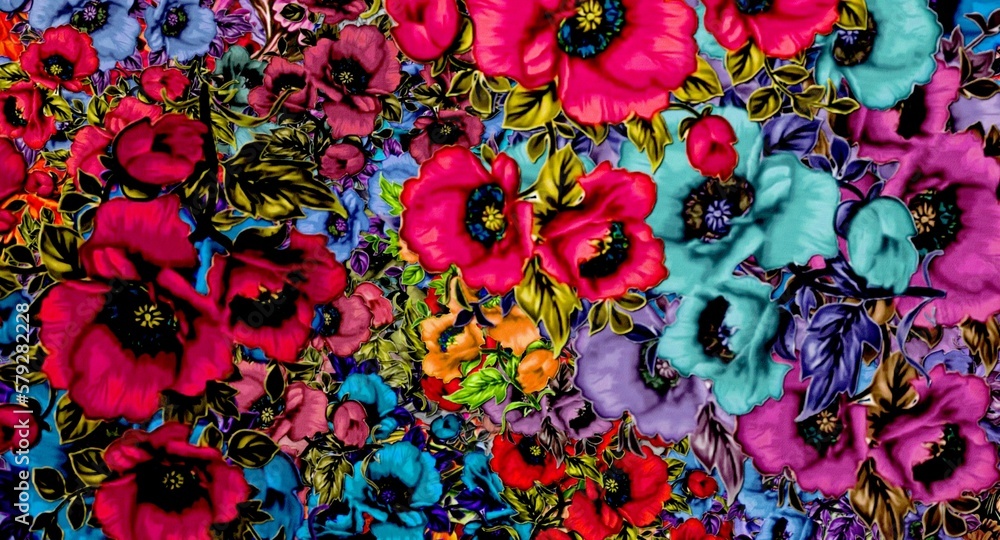 Poster computer graphics of abstract floral psychedelic background stylization of colored chaotic stickers 