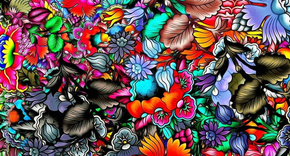 Poster computer graphics of abstract floral psychedelic background stylization of colored chaotic stickers 