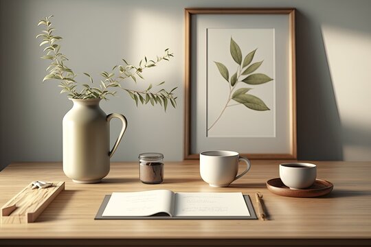 A still life of breakfast fare. Mockup of a desk or table made of wood with a cup of coffee, some books, and an empty picture frame. Olive branch adorned bud vase. Traditional home office design with