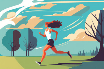 Obraz na płótnie Canvas World health day, man and woman run in beautiful park , flat design. Generative ai.
