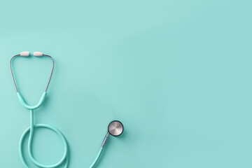 Top view of stethoscope on color  background with empty copy space, flat design. Health medical concept. Generative ai.