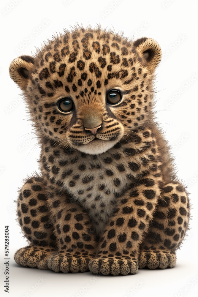 Poster generative ai of a cute little leopard cub isolated on white background