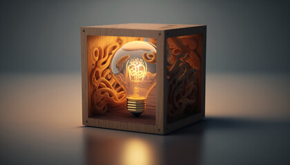Wooden cube with bulb sign icon on and copy space